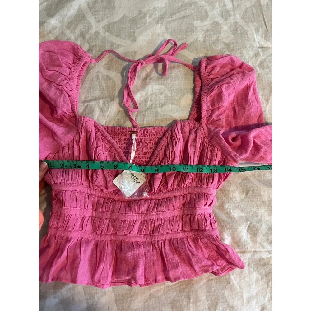Free People Chloe Top Pink Smocked Long Sleeve Pleated Sweetheart Crop XS NEW